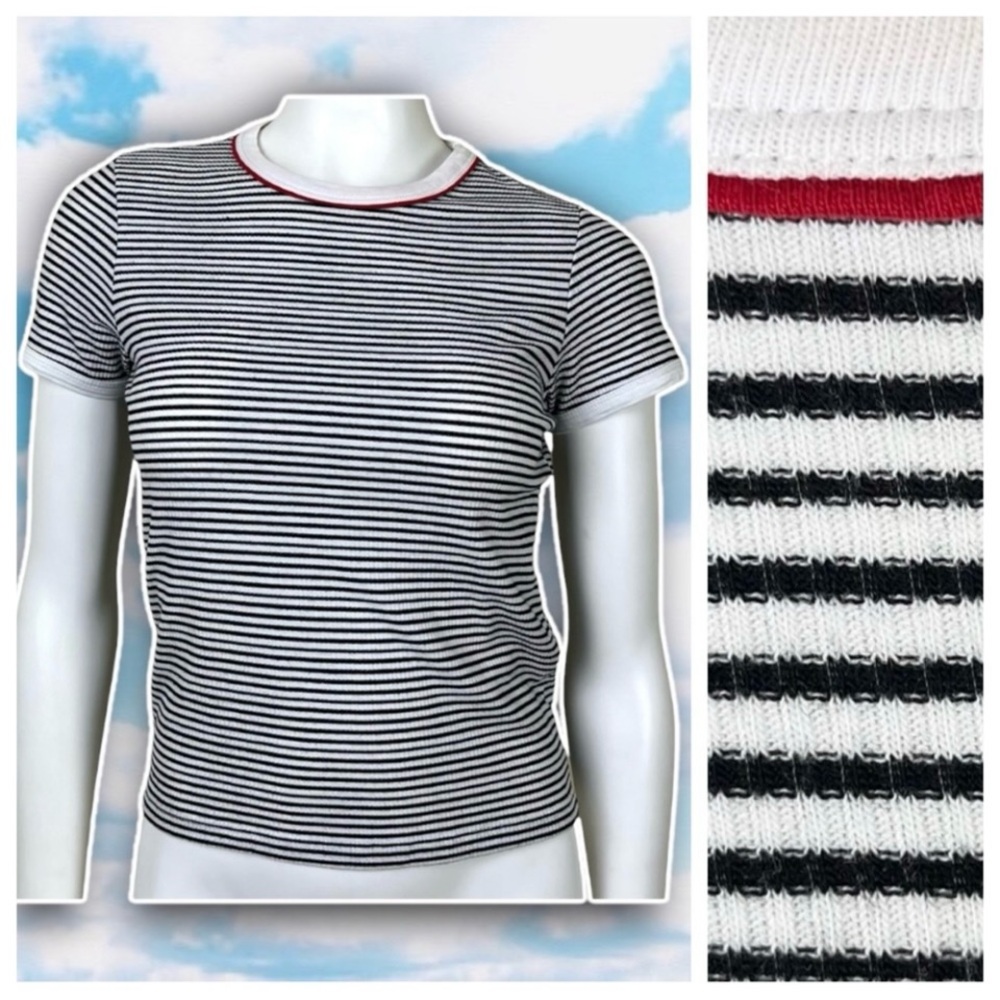 ❤️ TOPSHOP Striped Ribbed Baby Ringer Tee Basic Neutral Goth 90s Y2K Ska Petite